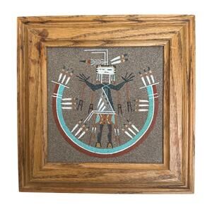 Authentic Signed Lester Johnson Navajo Sand Painting Oak Frame